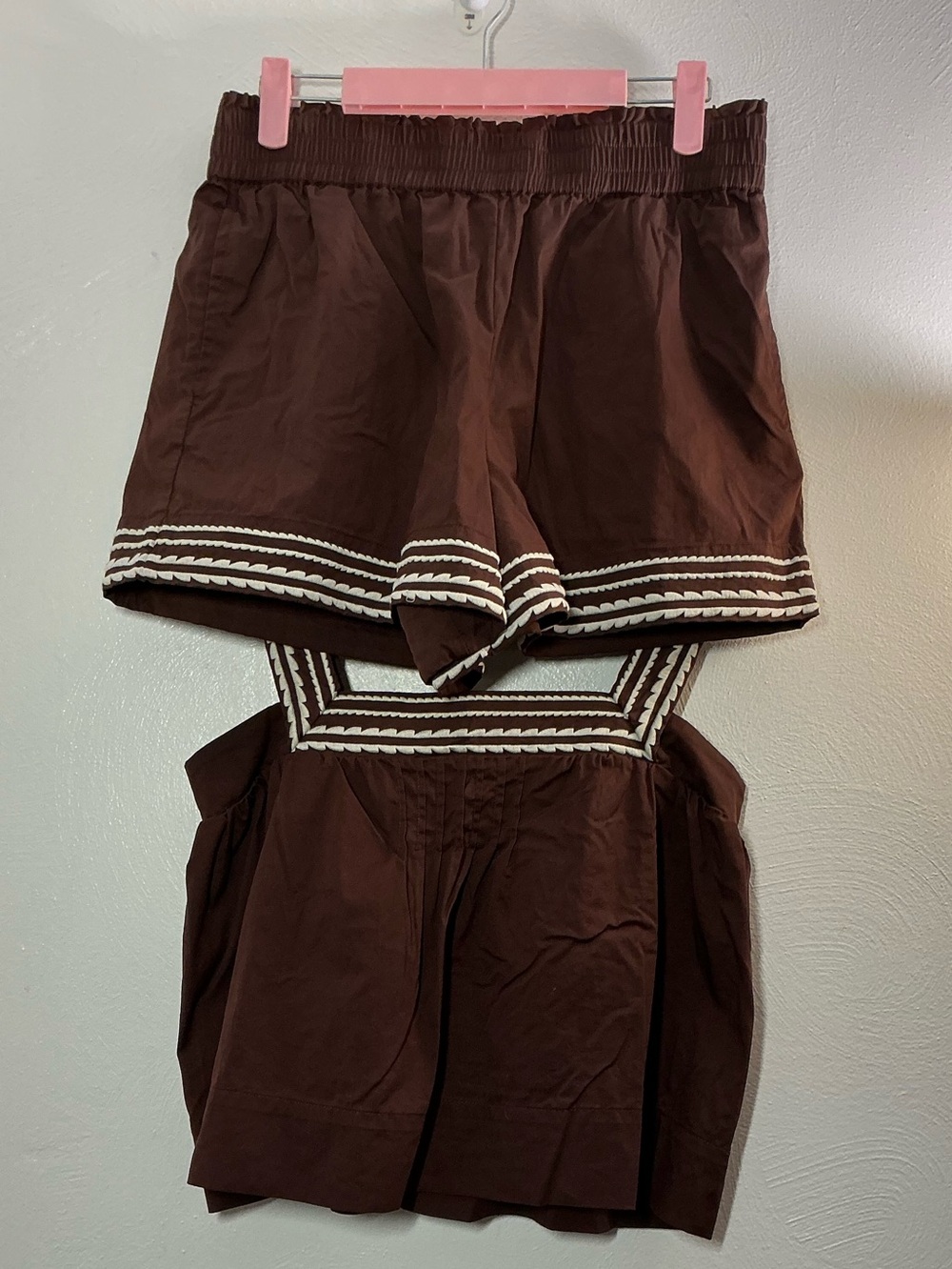 Caroline Constas Brown Cotton Embroidered Trim Tank & Short Set Size Small